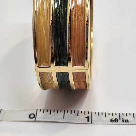 Gold Tone Wide Clamper Hinge Cuff Bracelet Cream Green Orange Shimmer Enamel - Picture 6 of 6